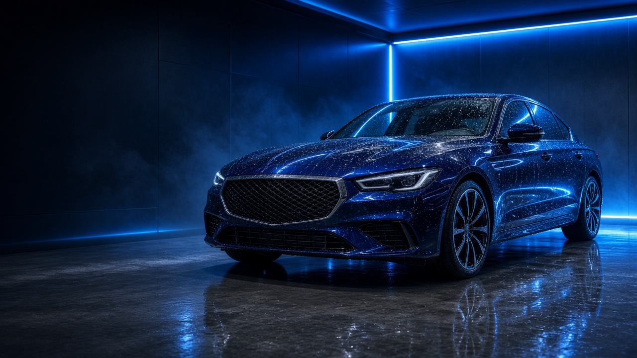 Carro azul em uma lavagem automotiva premium
